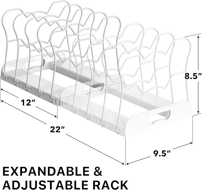 Simple Houseware Expandable Pan Rack 10 Adjustable Compartments, White | Kitchen Cabinet Organizer for Pots, Pans, Lids & Bakeware - Pantry & Countertop Storage