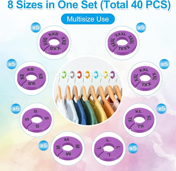PATIKIL Clothes Dividers for Hanging Clothes, 40 Pack 8 Sizes Round Pre-written Clothing Rack Dividers Size Mark Label Sorting Separator for Closet, Lavender