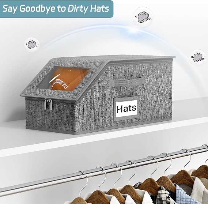 AOODA 2 PCS Stackable Hat Storage for Baseball Caps, Holds up to 24 Caps Cap Organizer for Closet, Sturdy Hat Boxes for Men with Cardboard, Slate Grey