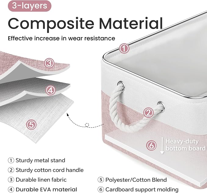 Large Storage Baskets- 15.7x11.8x8.26 inch Storage Bins for Shelves and Closet Organizing, Foldable Fabric Bin for Home Organization Clothes and Laundry (3-Pack, White&Pink)