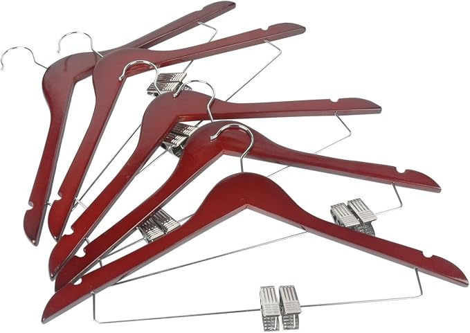 Solid Walnut Finish Wooden Suit Hangers with Anti-Rust Pant Clips, Pack of 10