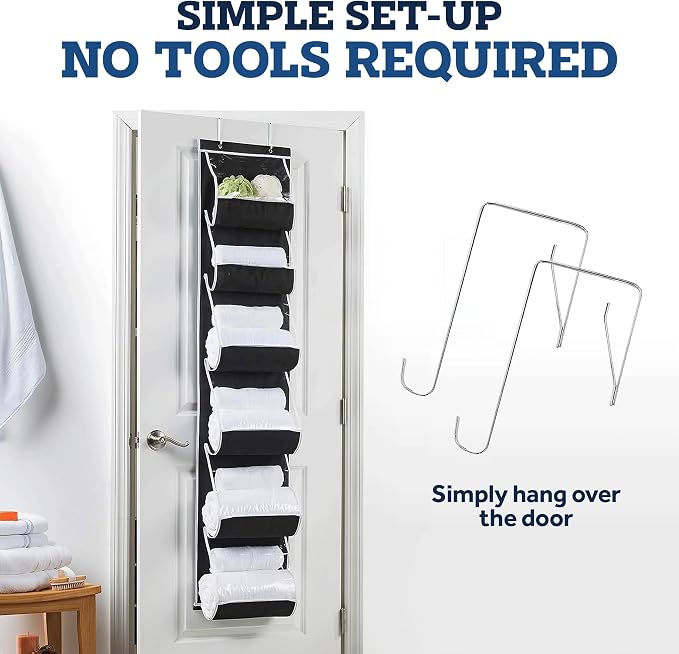 ZOBER Purse Organizer For Closet - Over The Door Purse Organizer W/ 6 Pockets for Easy Purse Storage - Durable Metal Hooks - Purse Rack W/Clear Pockets - Black (1 Pack)