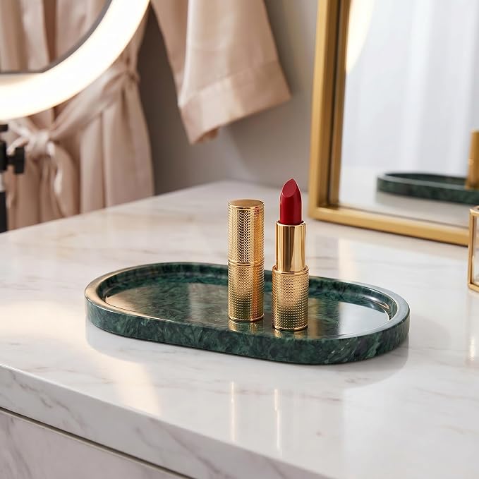 YKAJO Jade Green Oval Marble Tray, 9.8x4.7 Vanity Perfume Organizer Dish | Honed natural stone; jewelry & trinket dish, ring & key holder, soap & candle catchall; bath counter, dresser, coffee table
