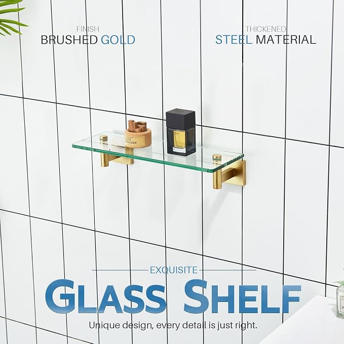 KOKOSIRI Wall Shelves Floating Shelf 12'' Stainless Steel Bathroom Hardware Tempered Glass Small Hanging Rack for Storage/Room Decor Gold B1105BG-L12