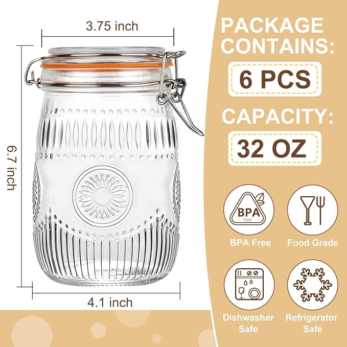 32oz Mason Jars with Airtight Lids, 6 Pack Wide Mouth Canning Jars with Clamp Lid, Quart Glass Canisters for Kitchen Storage, Pickling, Coffee, Cereal, Sugar, Flour, Beans