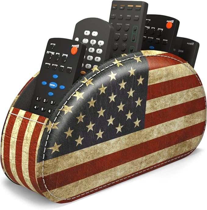 Leather Remote Caddy Desktop Organizer with 5 Spacious Compartments for TV Remotes/Media Controllers/Office Supplies (American Flag)