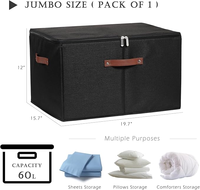 Storage Bins with Zipper Lid Cotton Linen Fabric Lidded Storage Baskets Boxes Foldable Washable Closet Shelf Clothes Organizer Container with PU Leather Handles (Black, Jumbo Size)