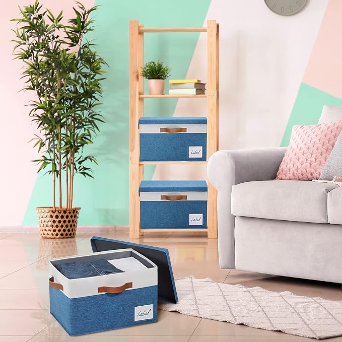 GhvyenntteS Fabric Storage Bins with Lids (3 Pack), Large Closet Storage Baskets with Lid and 3 PU Handles, Foldable Fabric Storage Boxes with Label Window for Home Office (Blue, 15" x 11" x 9.7")