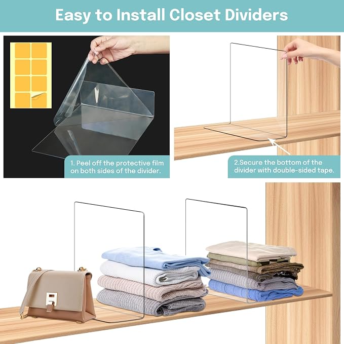 OKPOW Shelf Dividers for Closet Organization: 12 Pack Durable Clear Acrylic Divider Organizer for Shelves - Vertical Adjustable Shelving Separators for Clothing Purse
