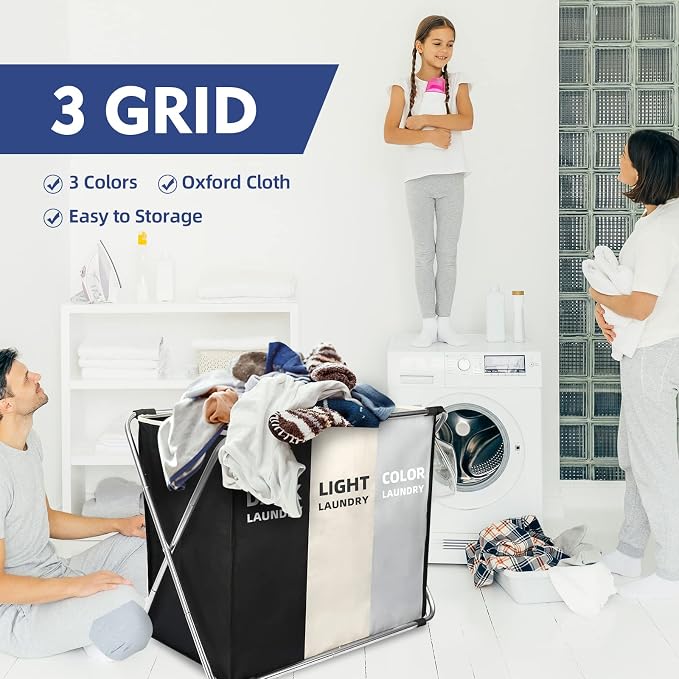 135L Laundry Cloth Hamper Sorter Basket Bin Foldable 3 Sections with Aluminum Frame 26''×24''H Washing Storage Dirty Clothes Bag for Bathroom Bedroom Home Storage Basket (Black+light grey+dark grey, 3