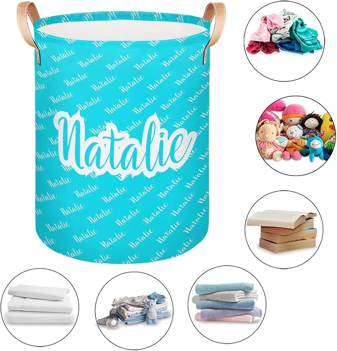 Personalized Laundry Basket, Custom Gift Laundry Hamper, Collapsible Nursery Waterproof Laundry Baskets, Dirty Clothes Toy Hamper with Handles Name Light Blue