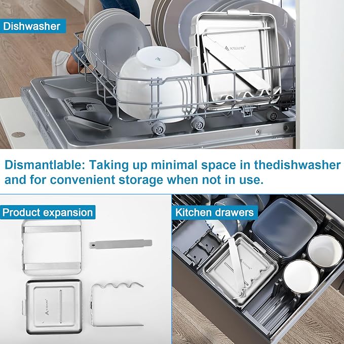 SOLEADER Pot Lid Holder While Cooking, 2 in 1 Stainless Steel Upright Spoon Rest with Drip Tray, Space Saving Kitchen Utensil Organizer for Stove Top Countertop, Lid Rack for Pots and Pans