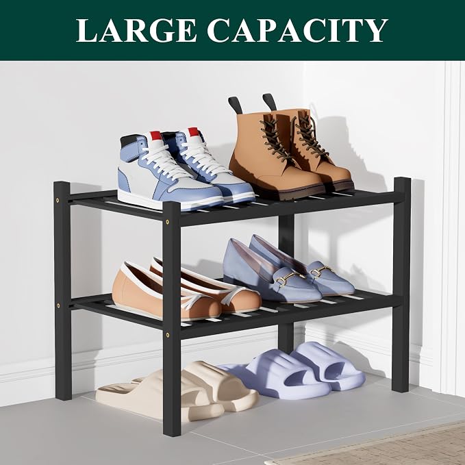 Smiry Bamboo Shoe Rack for Closet, 2 Tier Small Wooden Shoe Organizer, Stackable Wood Shoe Storage Shelf for Entryway, 14 Vertical Slats, One-piece Heavy-Duty Legs, 17.32"x11.02"x12.99", Black