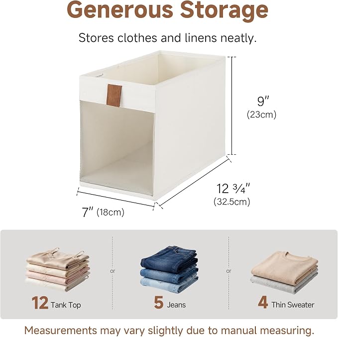StorageWorks Fabric Storage Bins with Clear Window, Closet Organizer and Storage Bins for Clothes, Collapsible Storage Baskets with PU Handles, Narrow Storage Bin, Beige, 3-Pack