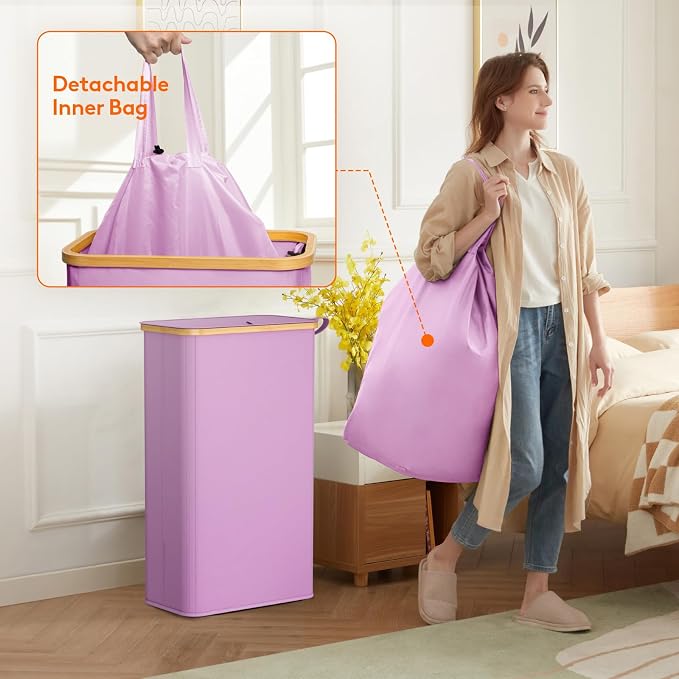 Lifewit 75L Slim Laundry Hamper with Lid, Narrow Laundry Basket with Removable Bag & Bamboo Handles, Fodable Thin Dirty Clothes Hamper for Laundry Collapsible Bin for Bathroom Bedroom Dorm, Purple