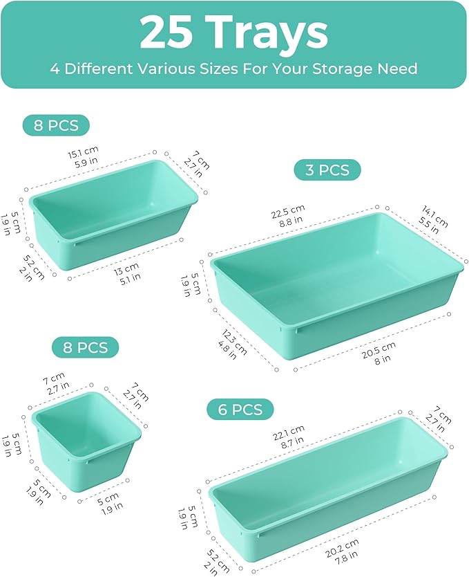 BiuLeon 25 PCS Plastic Drawer Organizers Set, 4-Sizes Vanity and Makeup Organizer, Desk and bathroom Drawer Organizer Trays, Organizers and Storage for Makeup, Jewelry, Gadgets, Utensils (Blue)