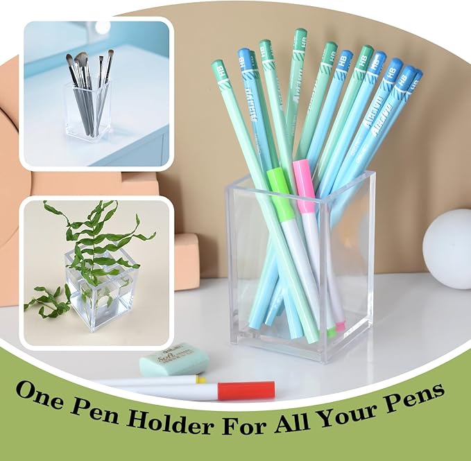 20 Pack Clear Acrylic Pen Holders For Desk, Pencil Cup Makeup Brush Holders | Square Acrylic Pen Cups For Pens, Markers And Makeup Brushes; Desktop Organizer For Office, School, Home And Vanity Supplies
