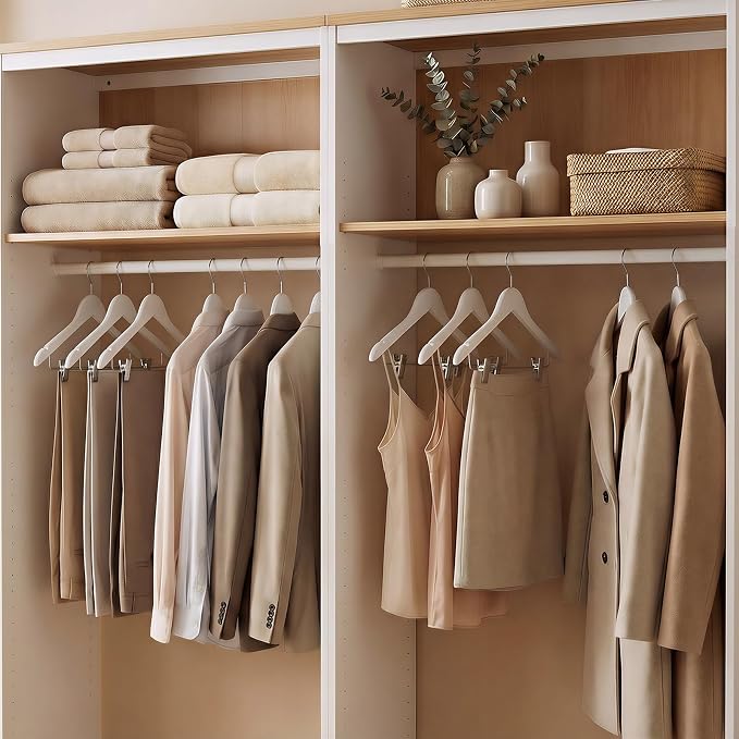 HOUSE DAY Wooden Hangers with Clips 12 Pack, Heavy Duty White Wood Pants Hanger, Premium Skirt Hanger with Adjustable Clips, Solid Clip Hangers for Suit, Blouse, Dress, Coat, Jacket, Bottom