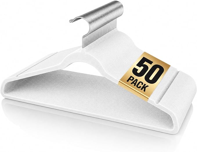 Velvet Hangers 50 Pack, 17.5 Inches Wide Large Size, Heavy Duty Non-Slip Slim Clothes Hangers for Pants, Coats, Skirts, Jeans, Sweaters and More, Nylon-Flocked, White