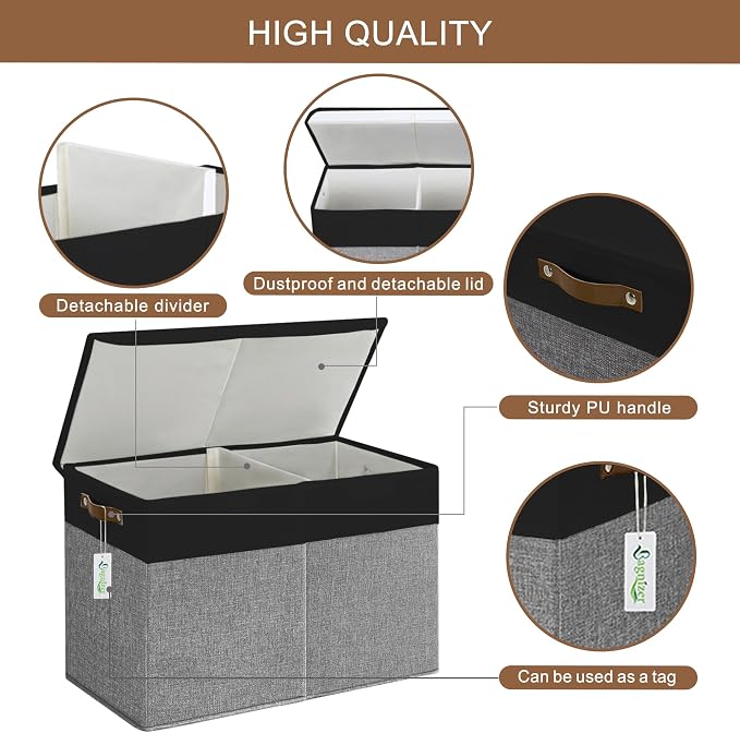 Bagnizer Large Toy Storage Box with Lids, Collapsible Sturdy Baby Storage Organizer Chest Bin Basket for Kids, Boys, Girls, Playroom, Nursery, Bedroom, Closet 25"x13"x16" (Gray and Black)