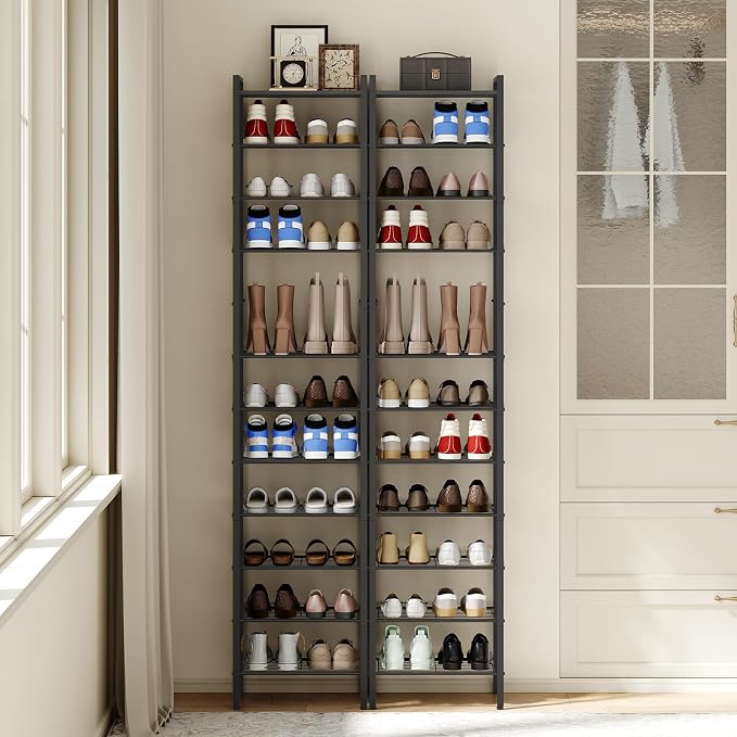 YATINEY 12-Tier Narrow Shoe Rack, Tall Shoe Rack for 12-24 Pairs, Slim Shoe Storage Organizer with Wooden Top, Space Saving, Metal Frame, for Entryway, Black SS61BB