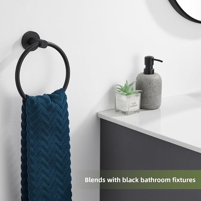 APLusee Round Hand Towel Ring for Bathroom Wall, Solid Stainless Steel Wall Mounted Bathroom Towel Holder, Modern Matte Black