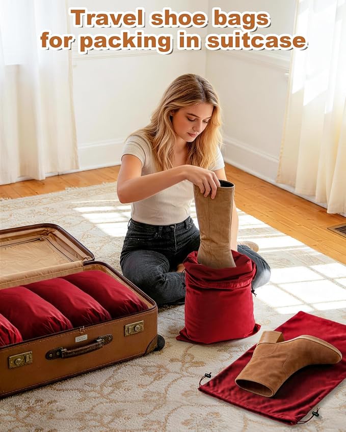 4 Pcs Shoe Bags for Travel, Large Boot Bag, Rio Red, 21.2x13.3 Inch | Washable & Reusable Travel Shoe Bags, Dustproof Shoe Bags with Drawstring Closure, Suitable for Travel, Home Storage
