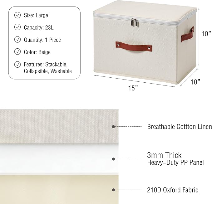 Storage Bin Box with Zippered Lid Cotton Linen Fabric Decorative Basket with PU Leather Handles PP Plastic Board Foldable Lidded Clothing Shelf Closet Organizer Container (Beige, Large)