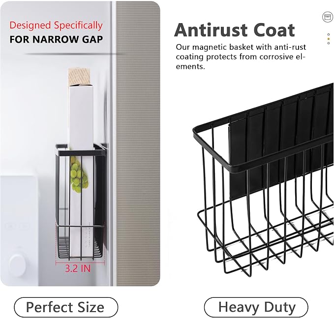 Magnetic Refrigerator Organizer Magnetic Basket Kitchen Organizer Metal Ziplock Bag Storage Organizer (10.25" L x 3.2" W x 6" H, Black)