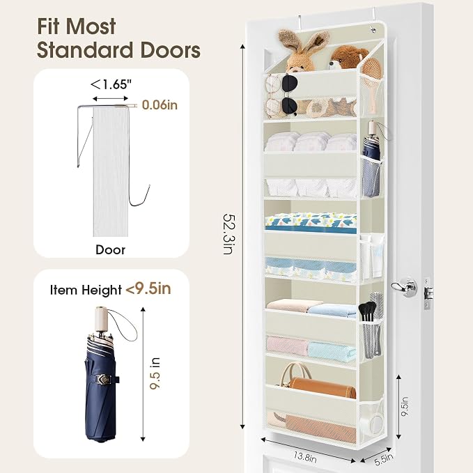 SpaceHacks 2 Pack Over The Door Organizer, Hanging Storage Organizer with Clear Window, 40lb Ultra Sturdy Large Capacity Room Organizer for Pantry Laundry Bathroom Nursery Closet (Beige)