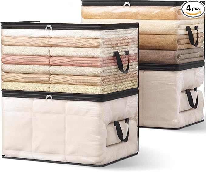 Lifewit 4 Pack Clear Clothes Storage Bags, 90L Plastic Blanket Vinyl Foldable Moving Bags with Zipper, Closet Organizers and Storage Containers for Bedding, Duvet, Pillow
