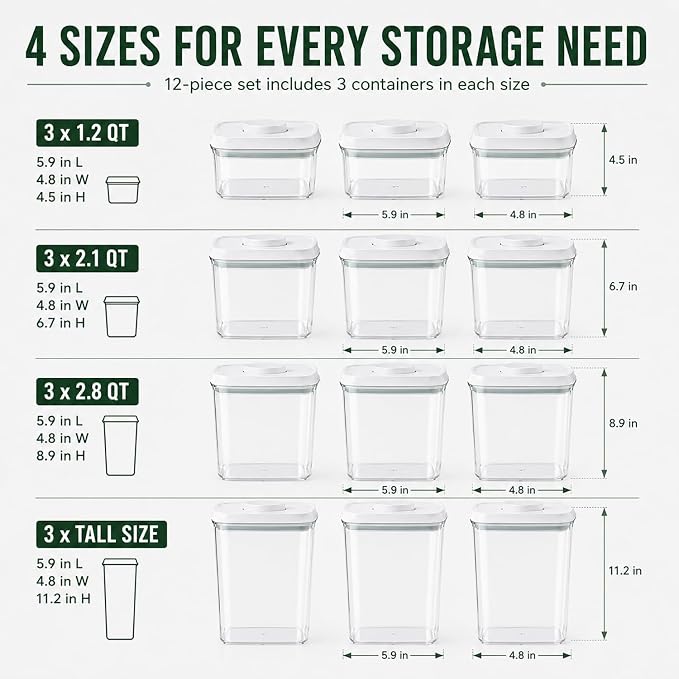 12 Pcs Pop Airtight Food Storage Containers with Lids Stackable Containers for Kitchen Pantry Organization Ideal for Cereal Snacks Flour Sugar Coffee and Spaghetti, 3.4Qt, 2.8Qt, 2.1Qt, 1.2Qt