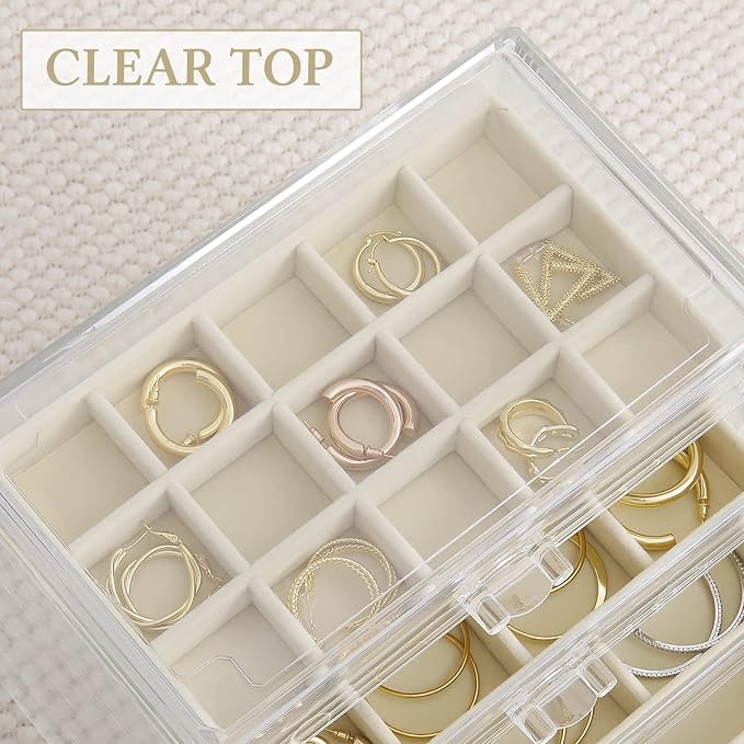 misaya Earring Organizer with 4 Drawers, 31-Slot Acrylic Jewelry Organizer Box for Women, Birthday Present, Cream