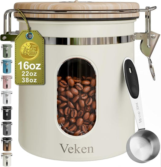 Veken Coffee Sugar Canister with Window, Airtight Stainless Steel Kitchen Food Storage Container with Lids, Date Tracker and Scoop for Grounds Coffee, Beans, Tea, Flour, Cereal Jars, 16OZ, Cream
