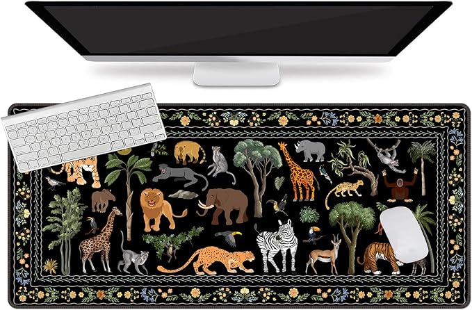 L-SPOUTTO Jungle Animal Desk Mat for Keyboard and Mouse, Black Mouse Pad | XXL Large Non-Slip Keyboard Pad Waterproof Desktop Mat for Laptop Computer Work Game Home Office