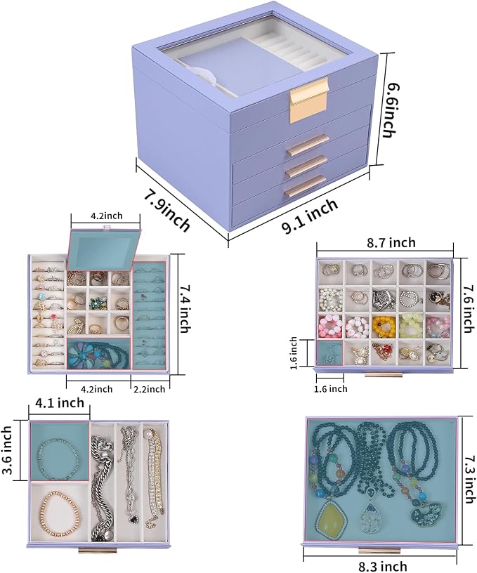 BOOVO Clear Lid Jewelry Box,3 Layers Jewelry Organizer Large Jewelry Storage Box with 2 Drawers,Jewelry Holder Organzier of Rings Earrings Necklace Bracelets for Women (Purple, 4 Layer)