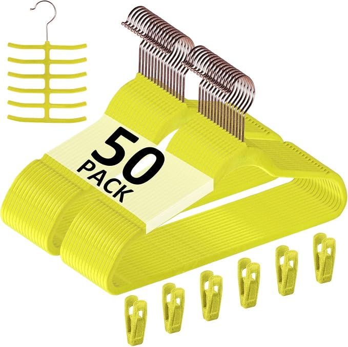 VECELO Premium Velvet Clothes Hangers Suit Heavy Duty (50 Pack)-Non Slip & Space-Saving with 6 Finger Clips & Tie Rack Excellent for Men and Women,Yellow