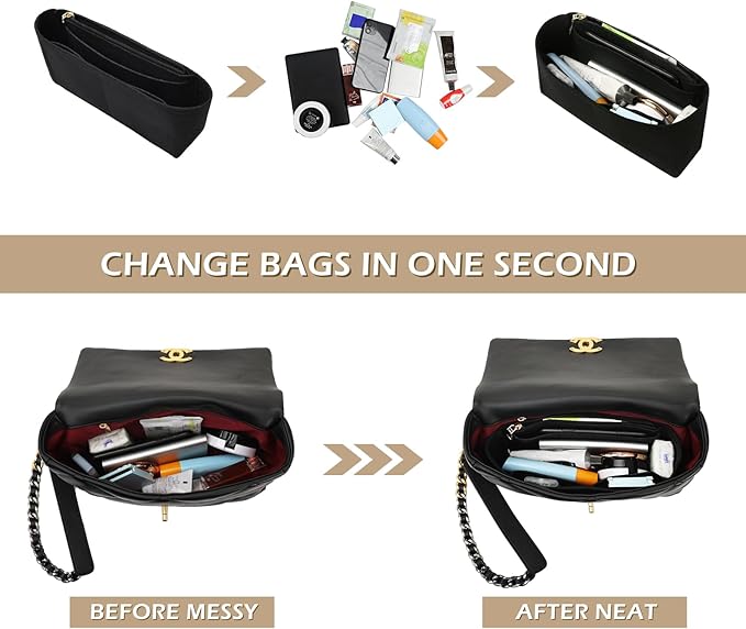 Surblue Purse Organizer Insert for Handbags, Felt Bag Organizer with Zippers Handbag Shaper Pouch for Classic 19 Flap Bag, Marmont, Onthego,（Black, Slender S）