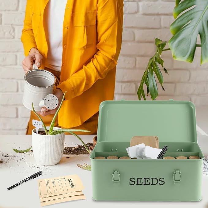 Seed Storage Organizer, 4 Compartment Seed Storage Box with Safety Lock, Metal Seed Box Seed Packet Container with 1 Pen, 12 Slots, 20 Plant Labels & 30 Seed Envelopes, Green Gardening Gift