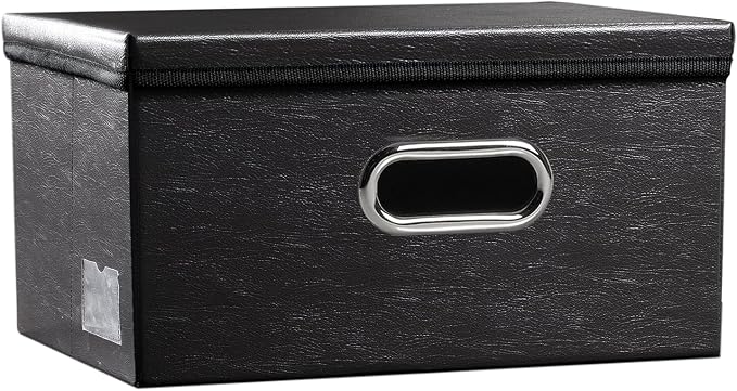 PRANDOM Collapsible Storage Box with Lid [1-Pack] Leather Fabric Foldable Storage Bin Organizer Container Basket Cube with Cover for Home Bedroom Closet Office Nursery Black (13.6x9.6x6.9)