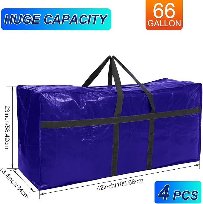 Windyun 4 Pack 57 Gallon Extra Large Moving Bags XXL Heavy Duty Storage Bag with Strong Zipper Handle Jumbo Big Tote Box Foldable for College Dorm Travel Clothes Duffle Blanket Pillow(Navy Blue)