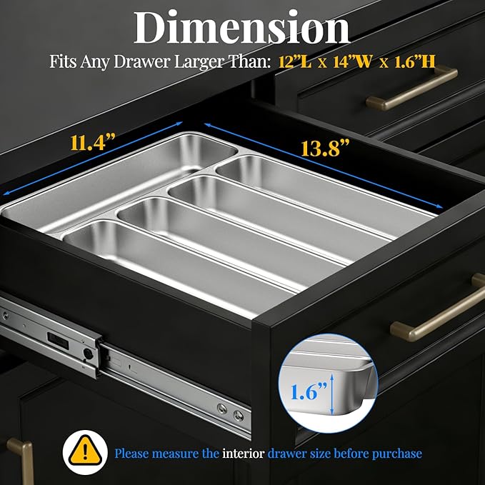 IKOCO Silverware Organizer, Stainless Steel, Dishwasher Safe for Drawer | 13.8" x 11.4" x 1.6", Rust-Resistant & Non-Absorbent, 5-Compartment, Holds Spoons/Forks/Knives