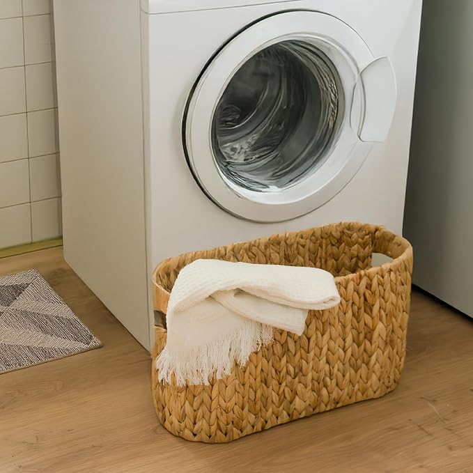 KOKODO Water Hyacinth Toilet Paper Storage Basket with Handles, Free Standing Wicker Basket for Toilet Paper, Magazines, Toiletries & Cleaning Supplies, Holds 6 Rolls