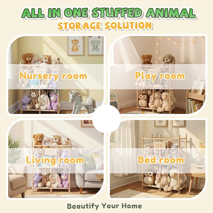 aiwo 30" Extra Wide Large Stuffed Animal Storage Toy Organizer, 38.4" Tall Wooden Display Organizer Holds 70+ Plushies for Kids Room, Playroom, Bedroom, Nursery Decor