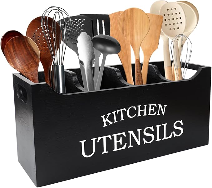 Utensil Holder for Kitchen Counter, Wood Extra Large 4 Compartments Kitchen Utensil Holder with Drainage Bottom for Countertop, Farmhouse Cooking Tools Organizer for Spatula, Black