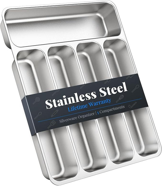 IKOCO Silverware Organizer, Stainless Steel, Dishwasher Safe for Drawer | 13.8" x 11.4" x 1.6", Rust-Resistant & Non-Absorbent, 5-Compartment, Holds Spoons/Forks/Knives