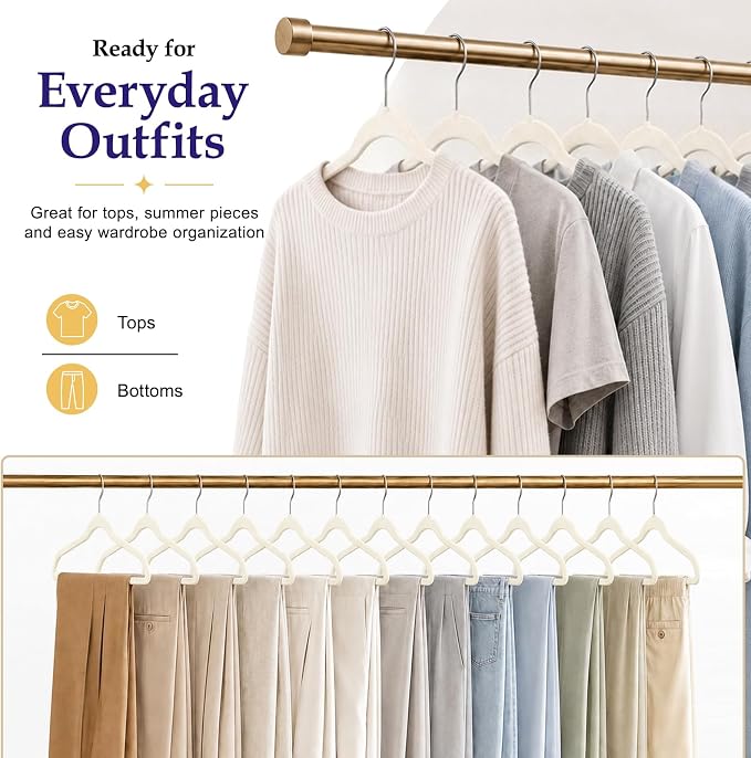 HOUSE DAY Ivory Velvet Hangers 60 Pack, Sturdy Non Slip Hanger Wrinkle-Free | Clothes Hangers with 360° Swivel Hook, Heavy Duty Slim Felt Hangers for Closet Space Saving, No Shoulder Bumps for Shirt-75g