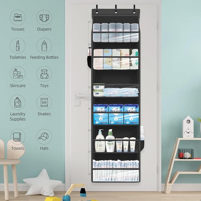Over Door Organizer with 6 Extra Large Pockets 12 Side Pockets, Sturdy Closet Storage Rack, Hanging Storage Organizer with Clear Window for Shoes, Diaper, Bedroom, Bathroom, Black, 3-Pack