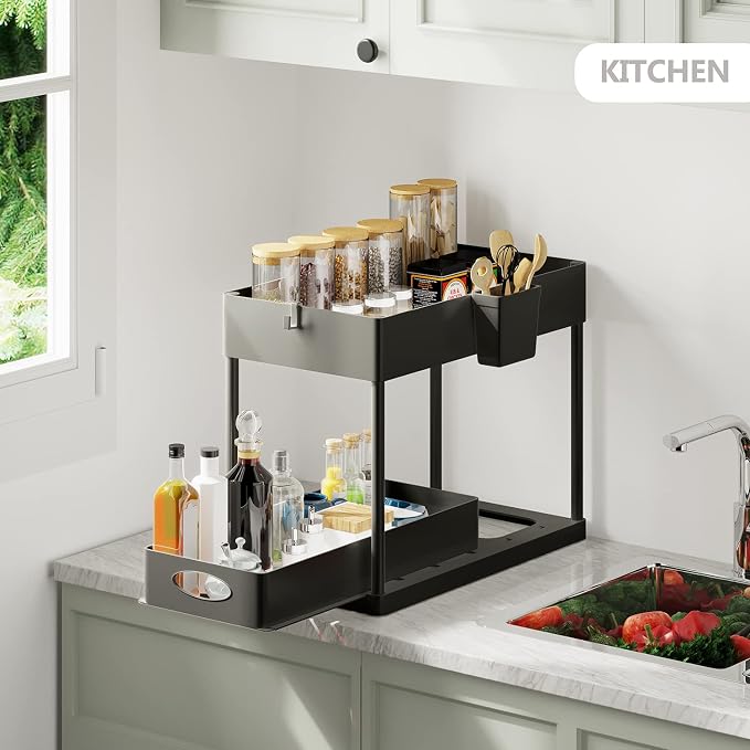 Hearth & Harbor 2-Pack Black Under Sink Organizers with Hanging Hooks and Non-Slip Rubber Legs