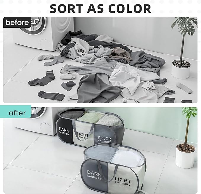 Collapsible Laundry Basket Durable Pop Up Hamper with 2 Compartments for Sort and Storage, Portable Dirty Clothes Hamper for Dorm, Laundry Room or Travel (Black + Begie)